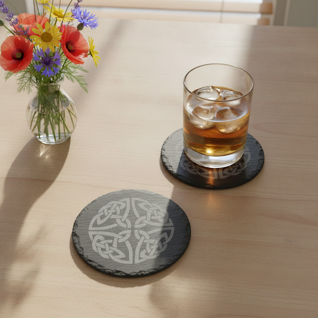 Set of 6 Celtic  Laser Engraved Slate Coasters - 10cm Round. With Anti-Skid Feet