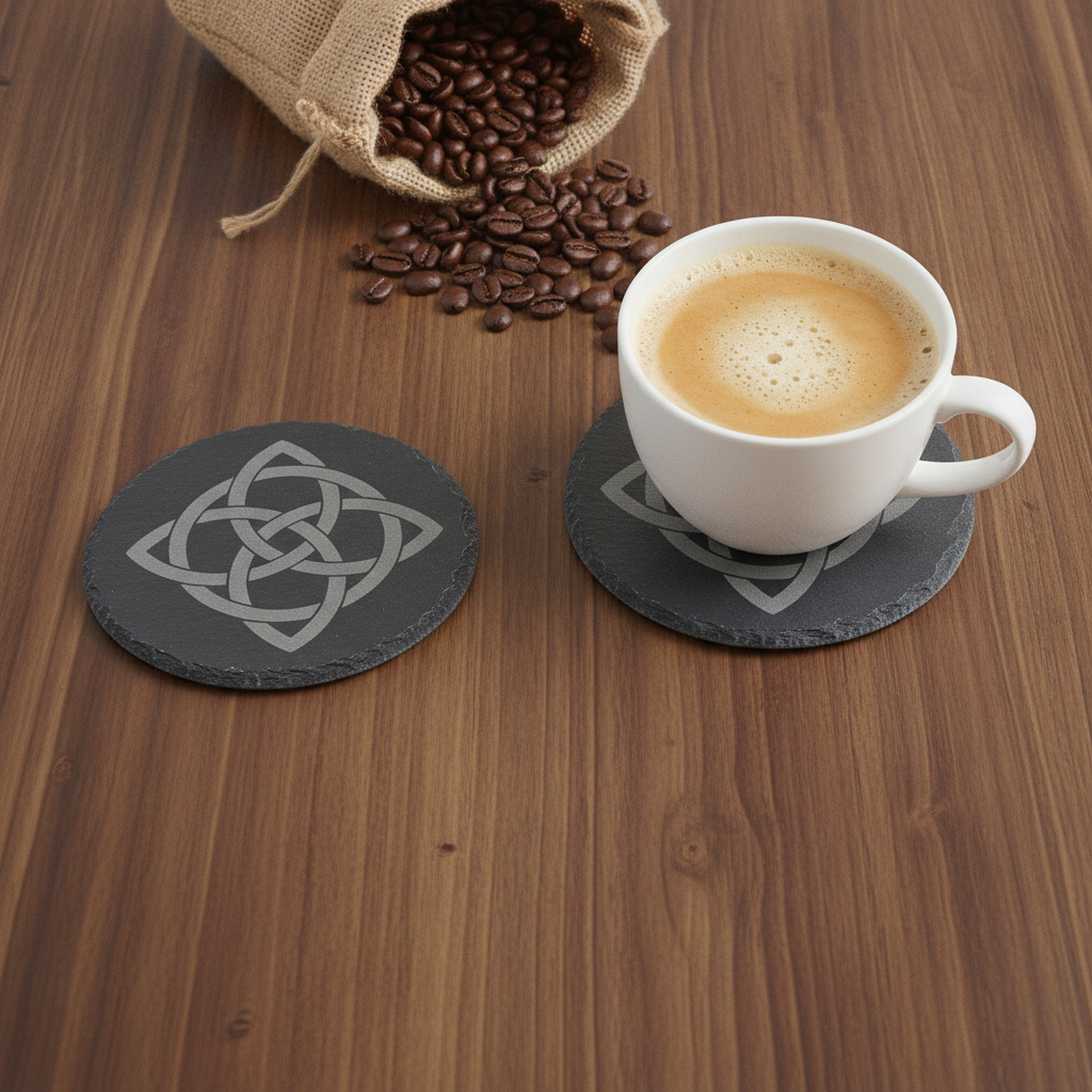 Set of 6 Celtic  Laser Engraved Slate Coasters - 10cm Round. With Anti-Skid Feet