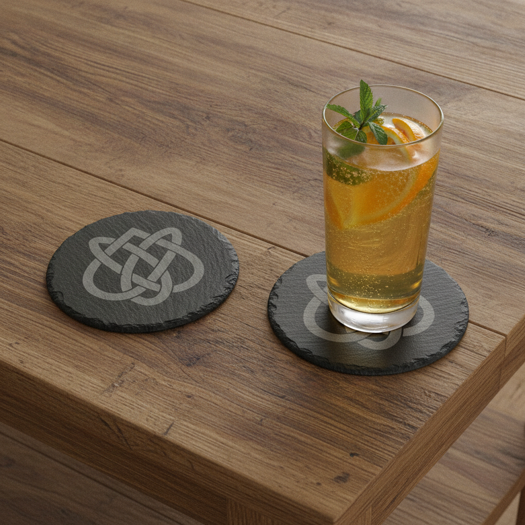 Set of 6 Celtic  Laser Engraved Slate Coasters - 10cm Round. With Anti-Skid Feet