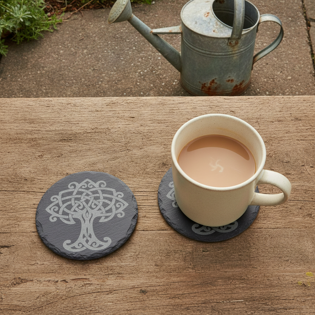 Set of 6 Celtic  Laser Engraved Slate Coasters - 10cm Round. With Anti-Skid Feet