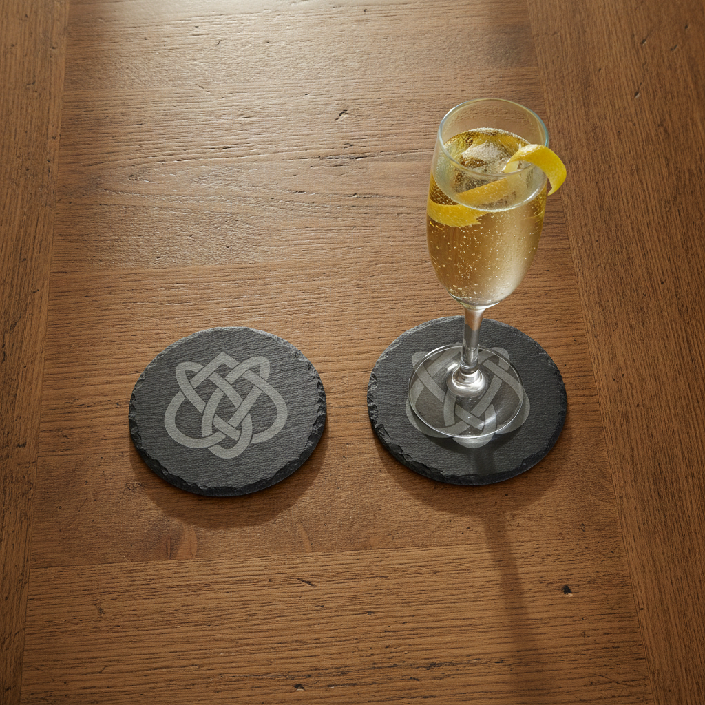 Set of 6 Celtic  Laser Engraved Slate Coasters - 10cm Round. With Anti-Skid Feet