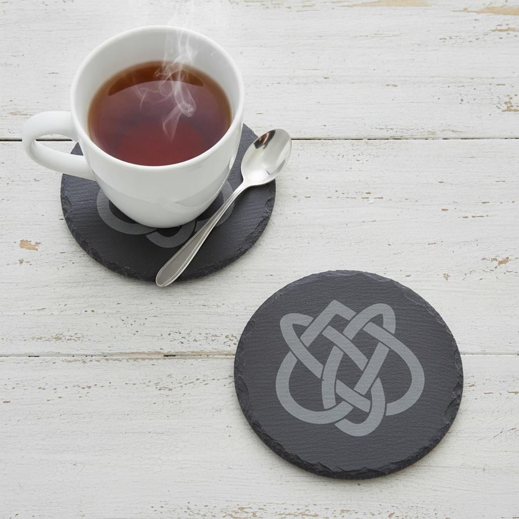 Set of 6 Celtic  Laser Engraved Slate Coasters - 10cm Round. With Anti-Skid Feet