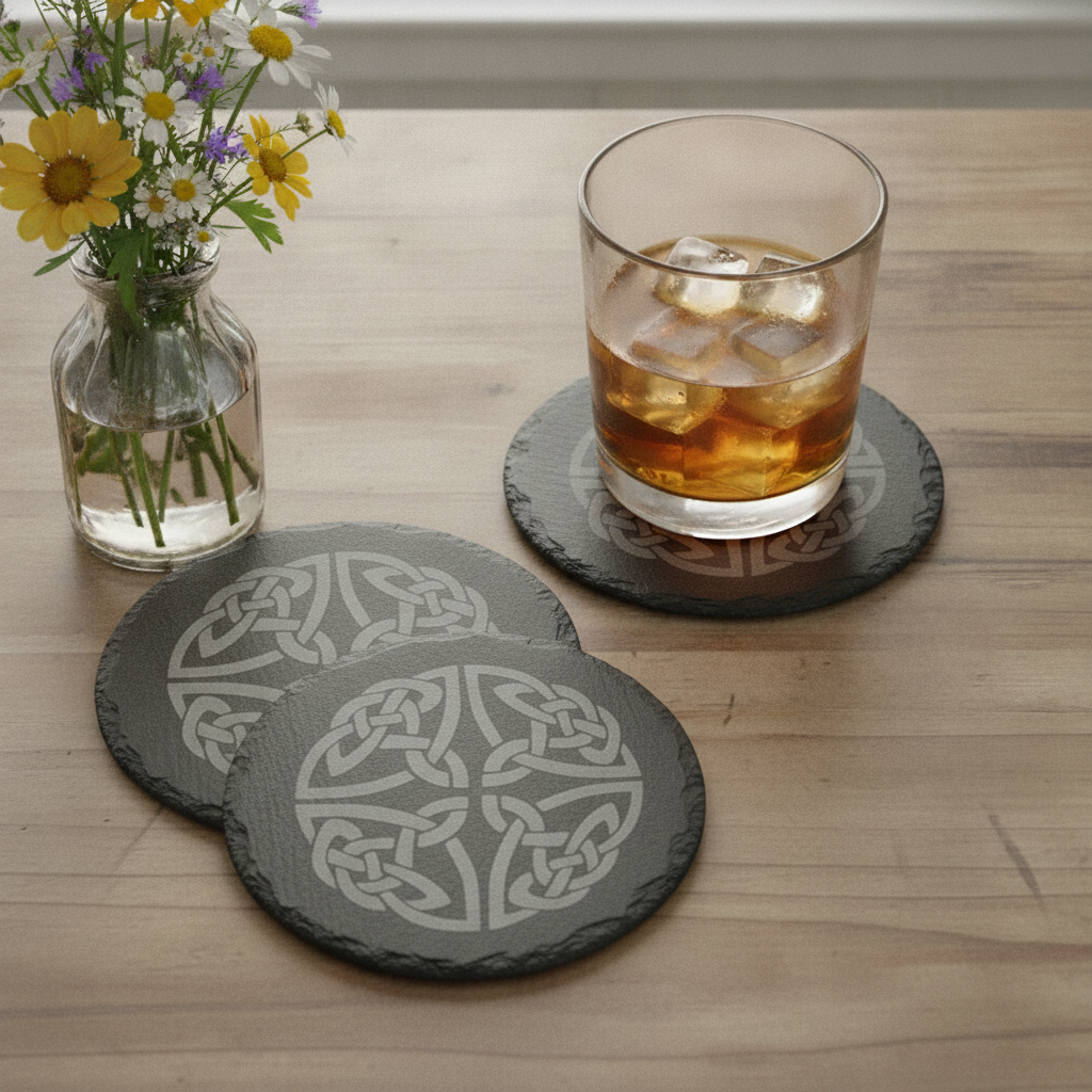 Set of 6 Celtic  Laser Engraved Slate Coasters - 10cm Round. With Anti-Skid Feet