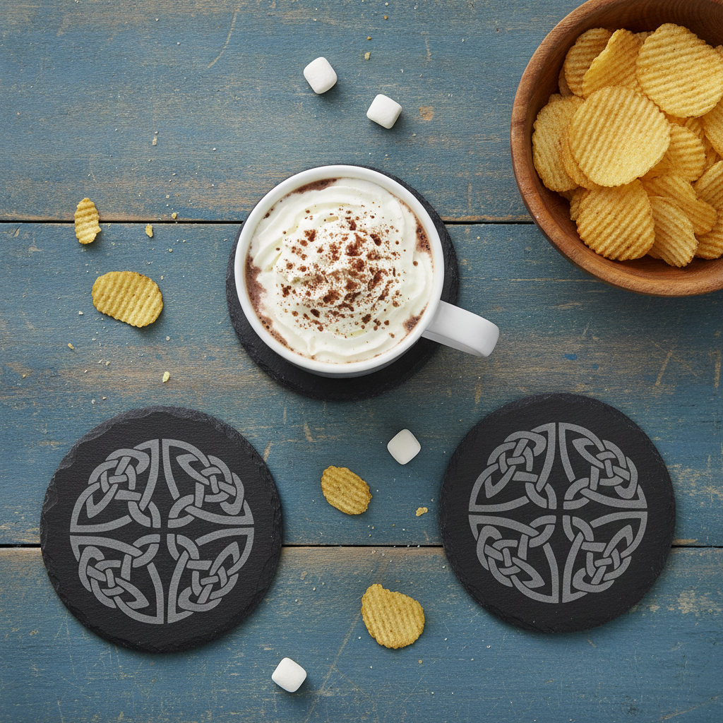 Set of 6 Celtic  Laser Engraved Slate Coasters - 10cm Round. With Anti-Skid Feet