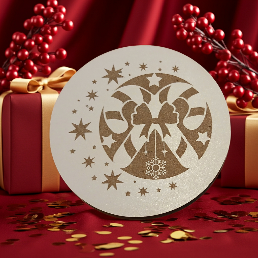 Set of 6, Round White Topped Wood Drink Coasters, Festive Scenes Collection, Bumper Feet.