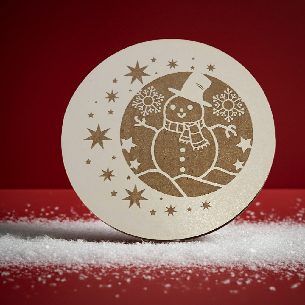 Set of 6, Round White Topped Wood Drink Coasters, Festive Scenes Collection, Bumper Feet.