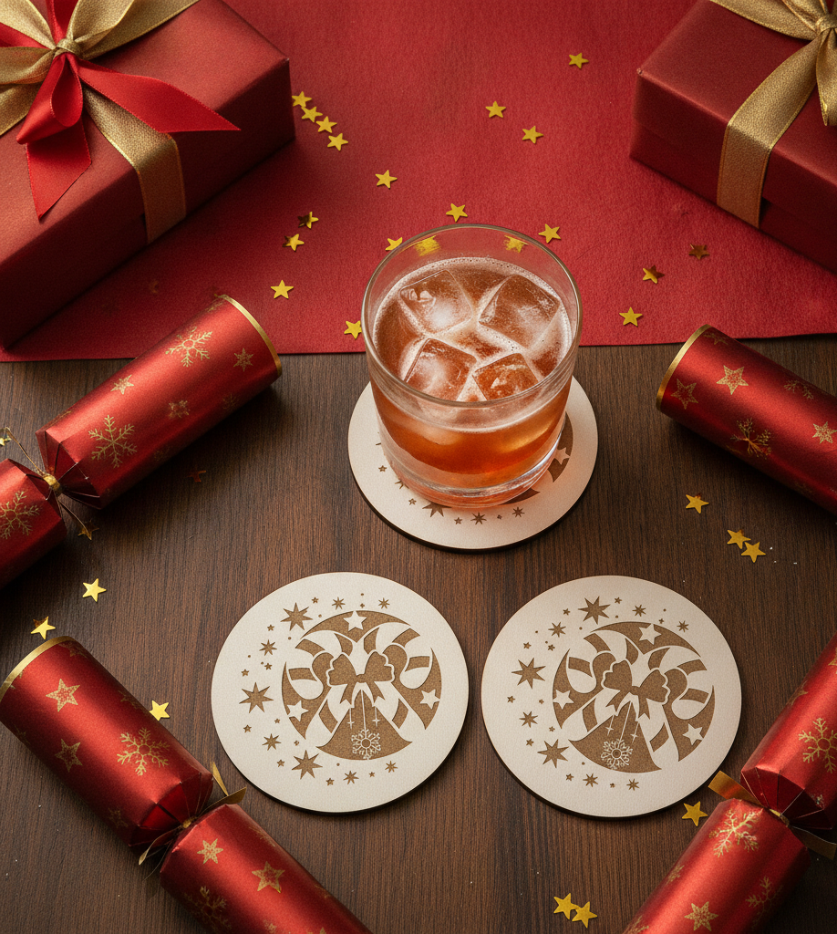 Festive Christmas Wooden Coasters (Set of 6) – 9.5cm White Topped Wood 6 Designs