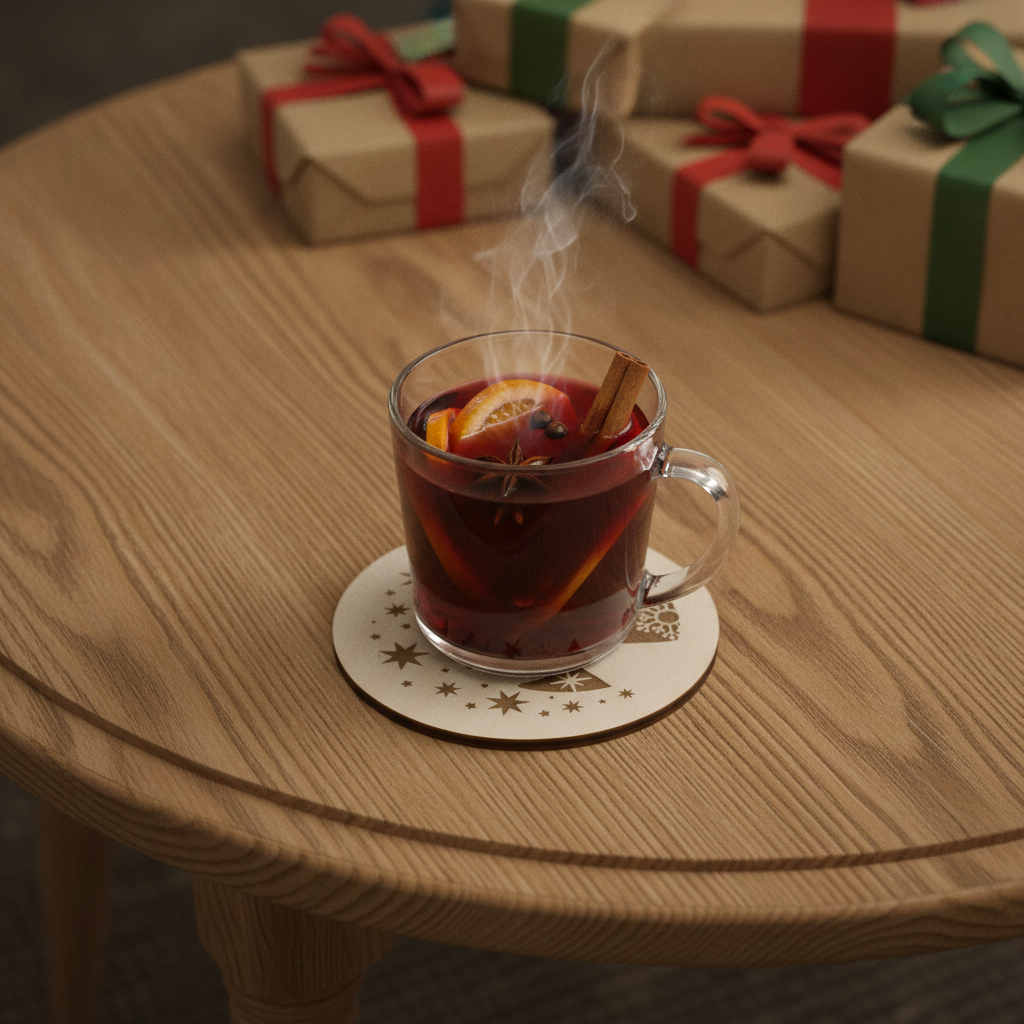 Festive Christmas Wooden Coasters (Set of 6) – 9.5cm White Topped Wood 6 Designs