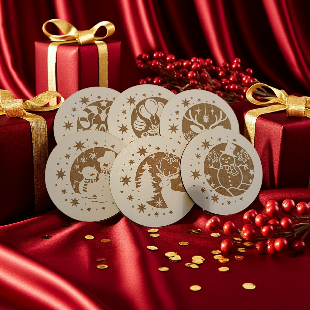 Set of 6, Round White Topped Wood Drink Coasters, Festive Scenes Collection, Bumper Feet.