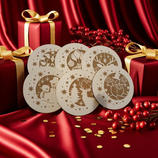 Set of 6, Round White Topped Wood Drink Coasters, Festive Scenes Collection, Bumper Feet.