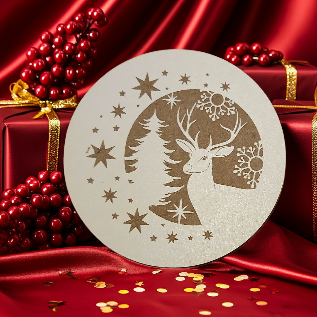 Set of 6, Round White Topped Wood Drink Coasters, Festive Scenes Collection, Bumper Feet.