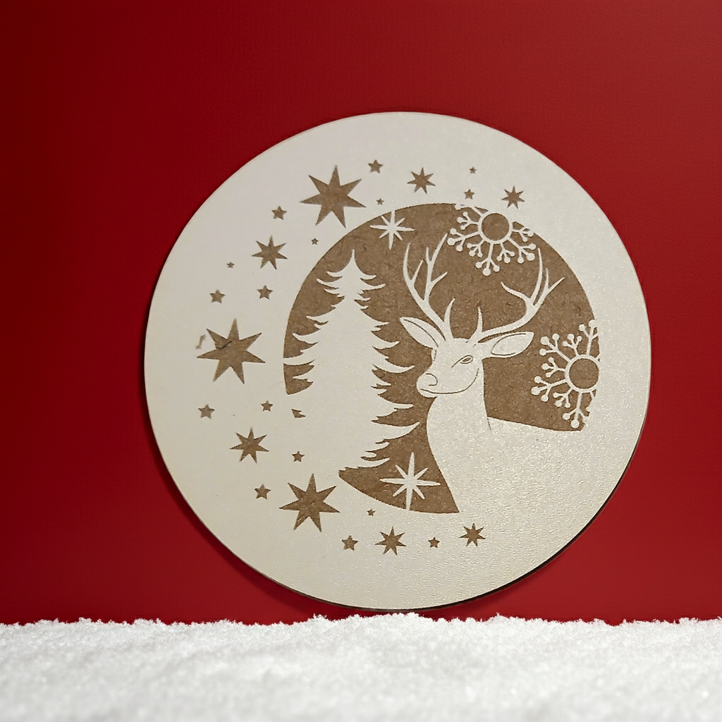Set of 6, Round White Topped Wood Drink Coasters, Festive Scenes Collection, Bumper Feet.