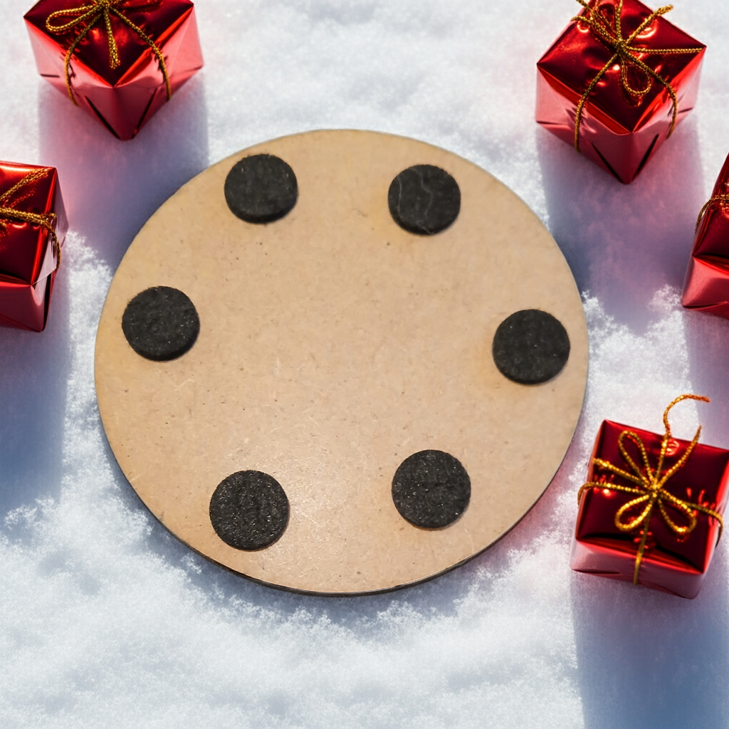 Set of 6, Round White Topped Wood Drink Coasters, Festive Scenes Collection, Bumper Feet.