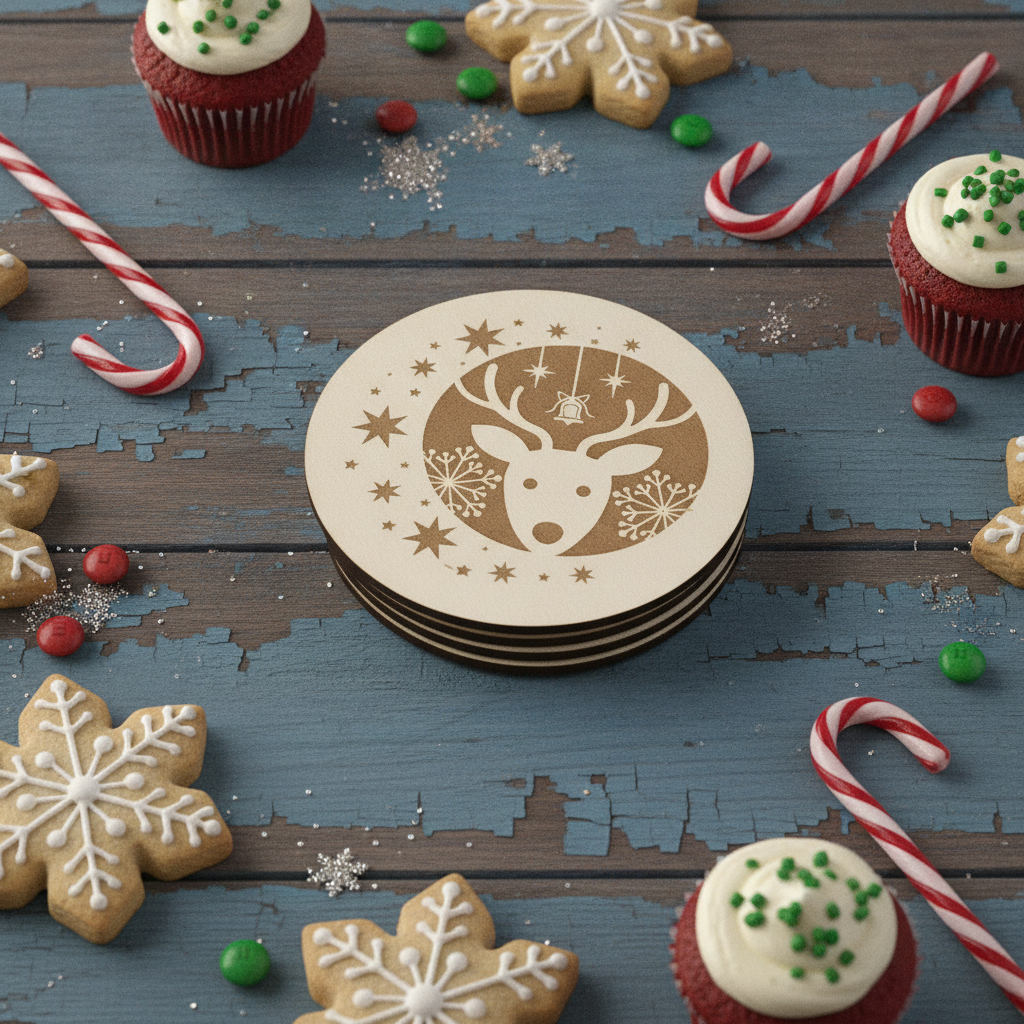 Festive Christmas Wooden Coasters (Set of 6) – 9.5cm White Topped Wood 6 Designs