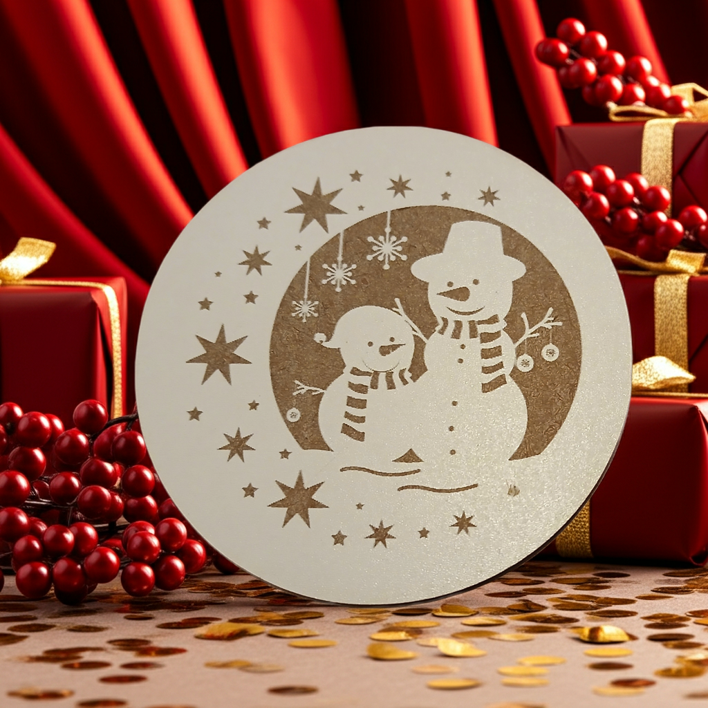 Set of 6, Round White Topped Wood Drink Coasters, Festive Scenes Collection, Bumper Feet.