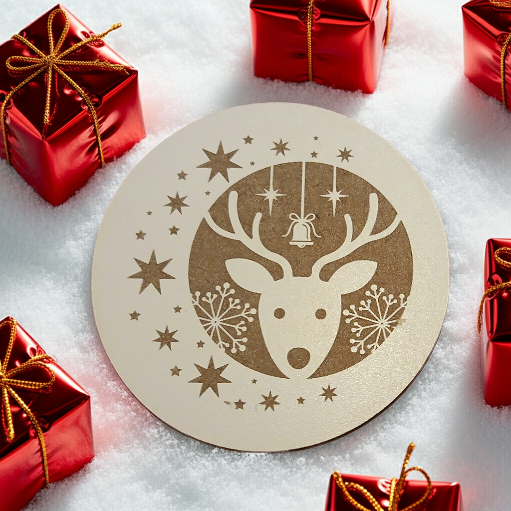 Set of 6, Round White Topped Wood Drink Coasters, Festive Scenes Collection, Bumper Feet.