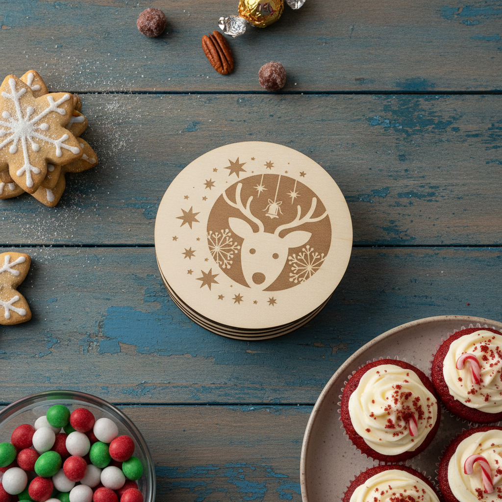 Festive Christmas Wooden Coasters (Set of 6) – 9.5cm White Topped Wood 6 Designs
