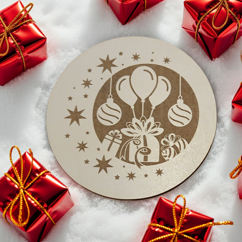 Set of 6, Round White Topped Wood Drink Coasters, Festive Scenes Collection, Bumper Feet.