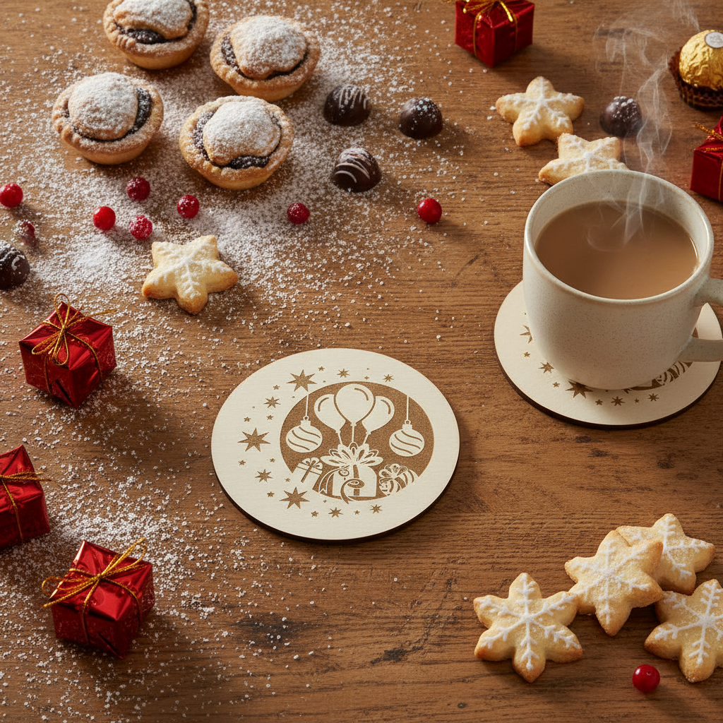 Festive Christmas Wooden Coasters (Set of 6) – 9.5cm White Topped Wood 6 Designs
