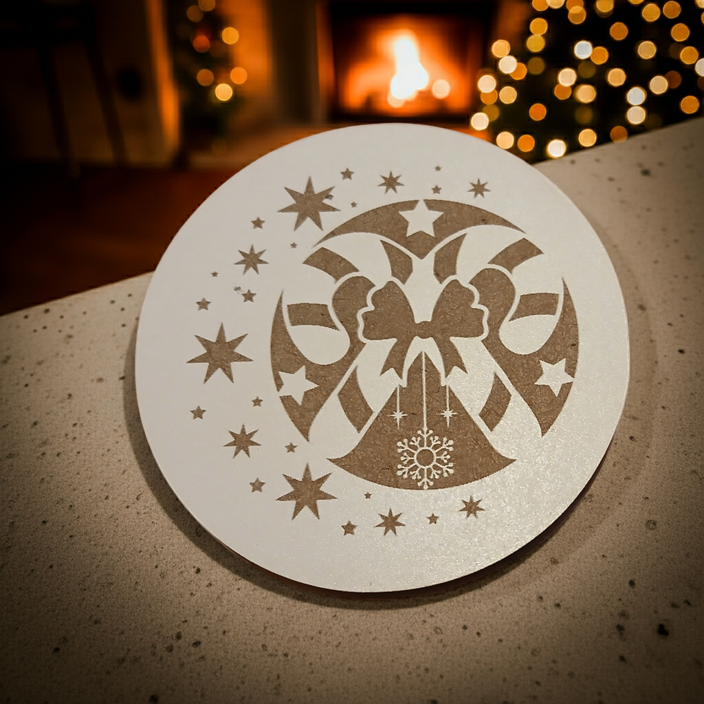 Set of 6, Round White Topped Wood Drink Coasters, Festive Scenes Collection, Bumper Feet.