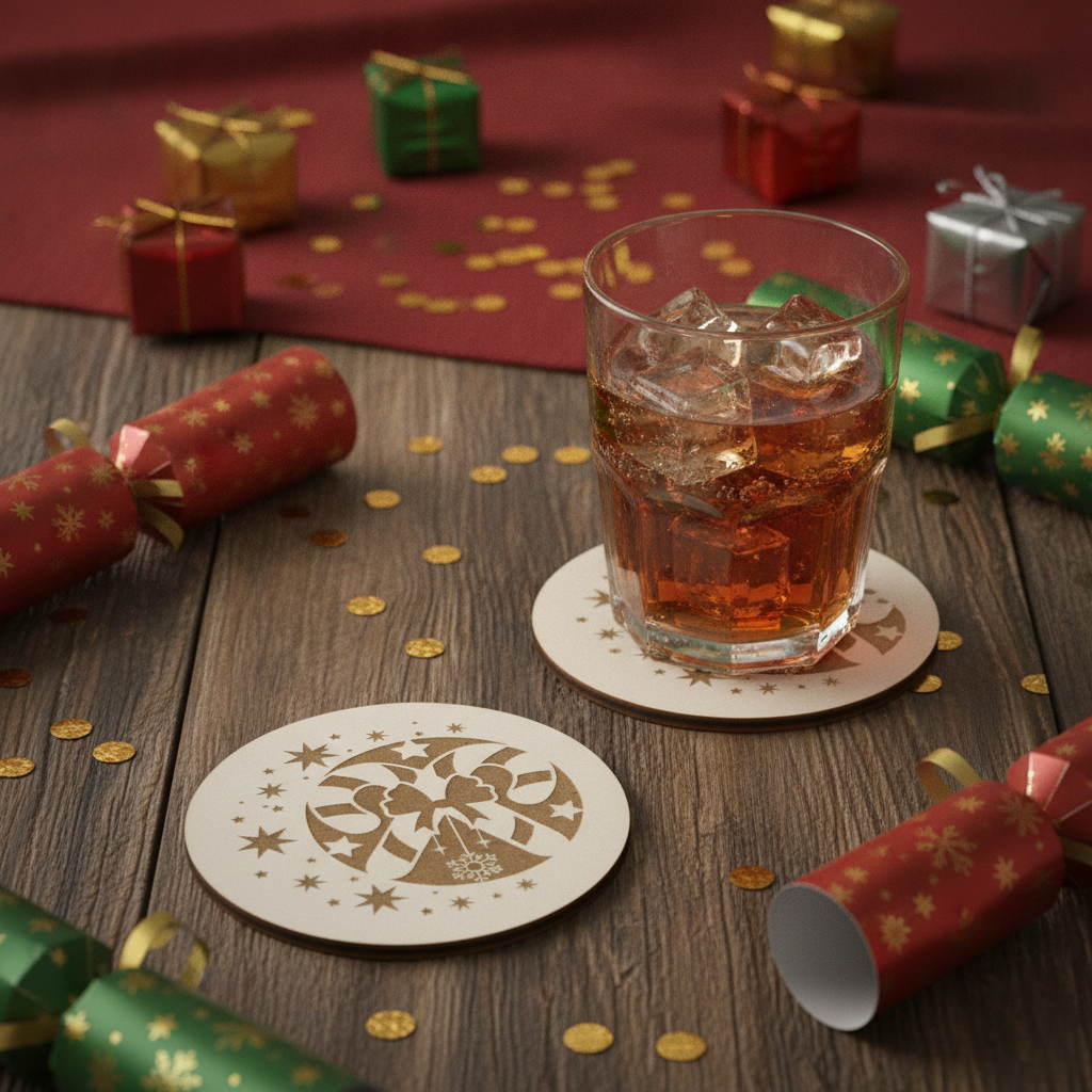 Festive Christmas Wooden Coasters (Set of 6) – 9.5cm White Topped Wood 6 Designs