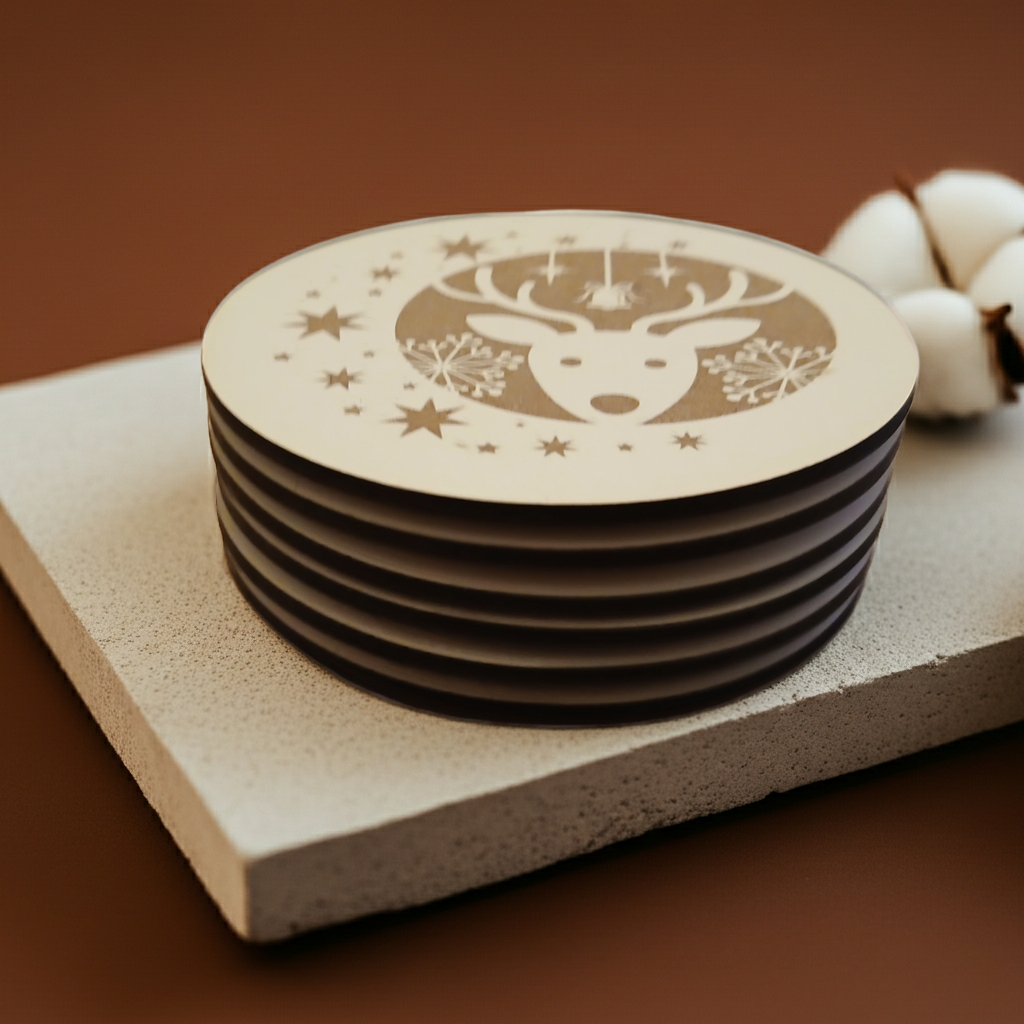 Set of 6, Round White Topped Wood Drink Coasters, Festive Scenes Collection, Bumper Feet.