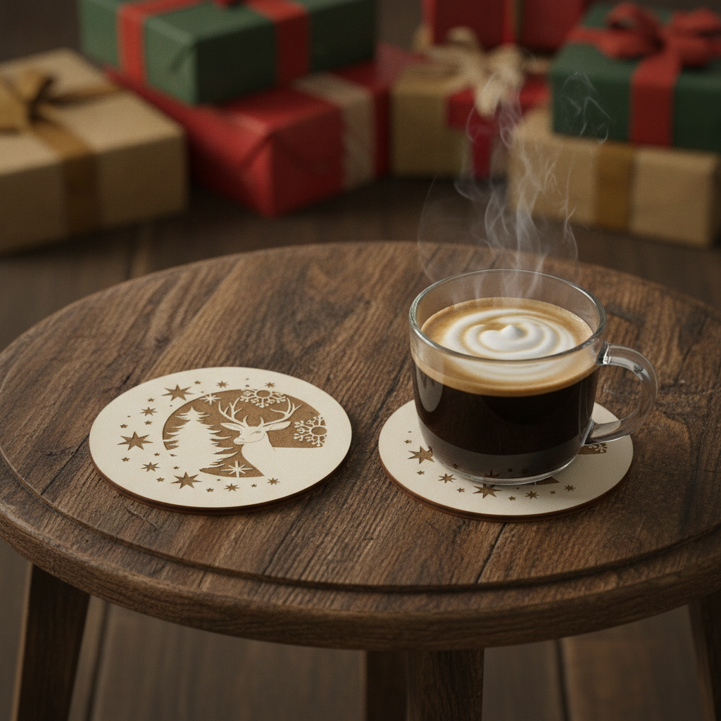 Festive Christmas Wooden Coasters (Set of 6) – 9.5cm White Topped Wood 6 Designs