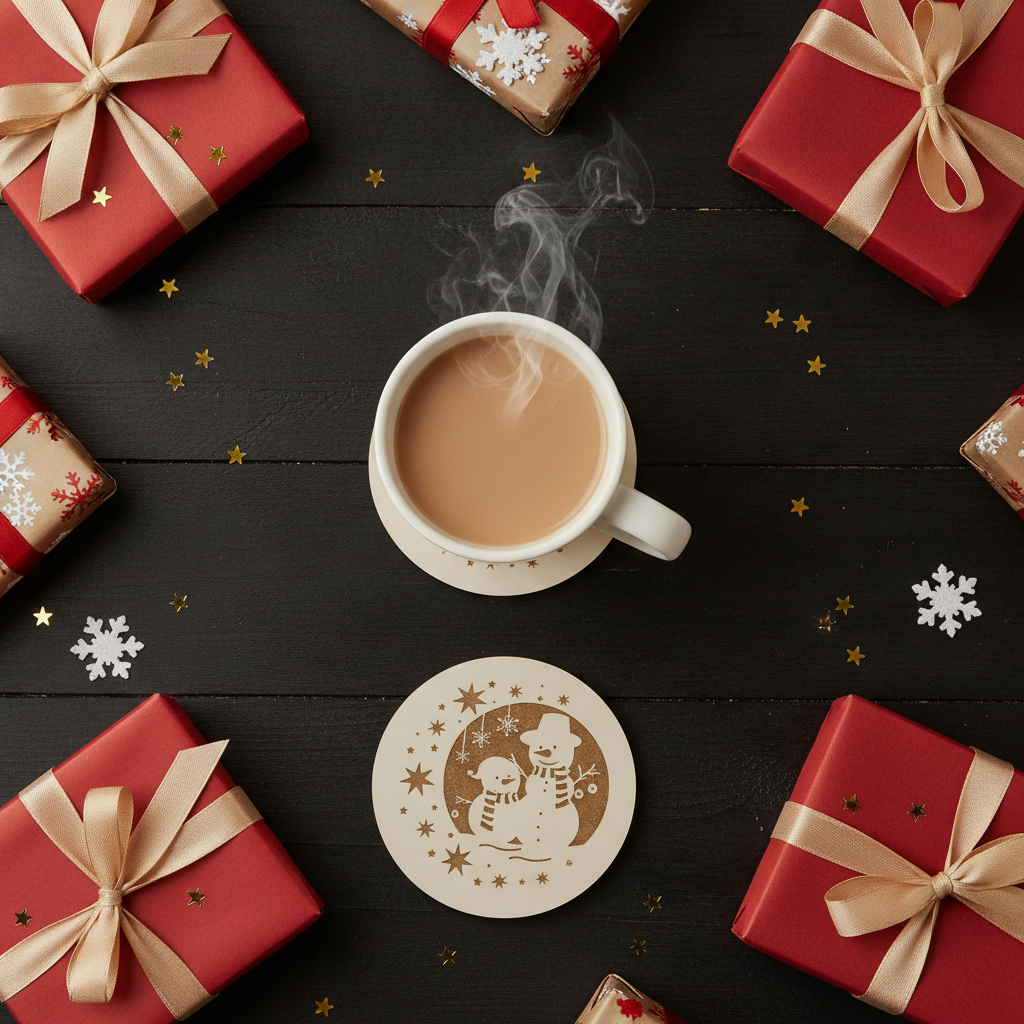 Festive Christmas Wooden Coasters (Set of 6) – 9.5cm White Topped Wood 6 Designs