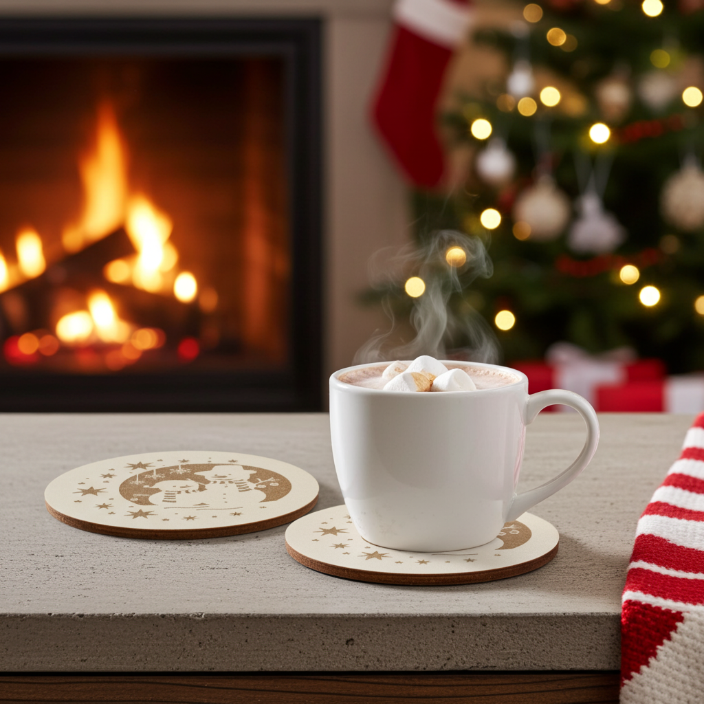 Set of 6, Round White Topped Wood Drink Coasters, Festive Scenes Collection, Bumper Feet.