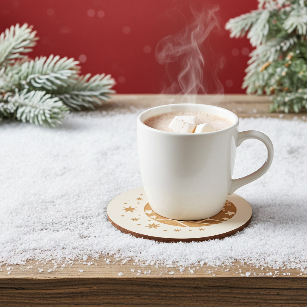 Set of 6, Round White Topped Wood Drink Coasters, Festive Scenes Collection, Bumper Feet.