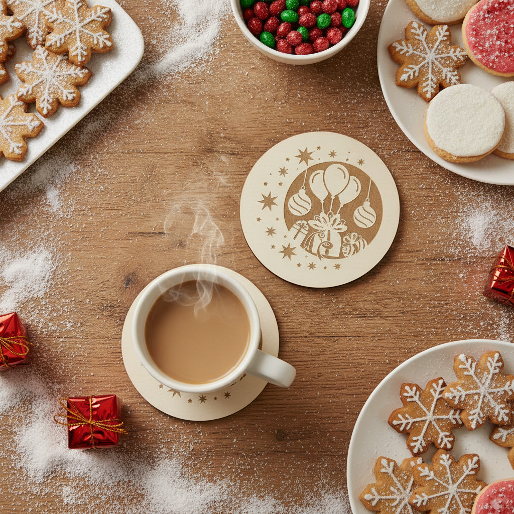 Festive Christmas Wooden Coasters (Set of 6) – 9.5cm White Topped Wood 6 Designs