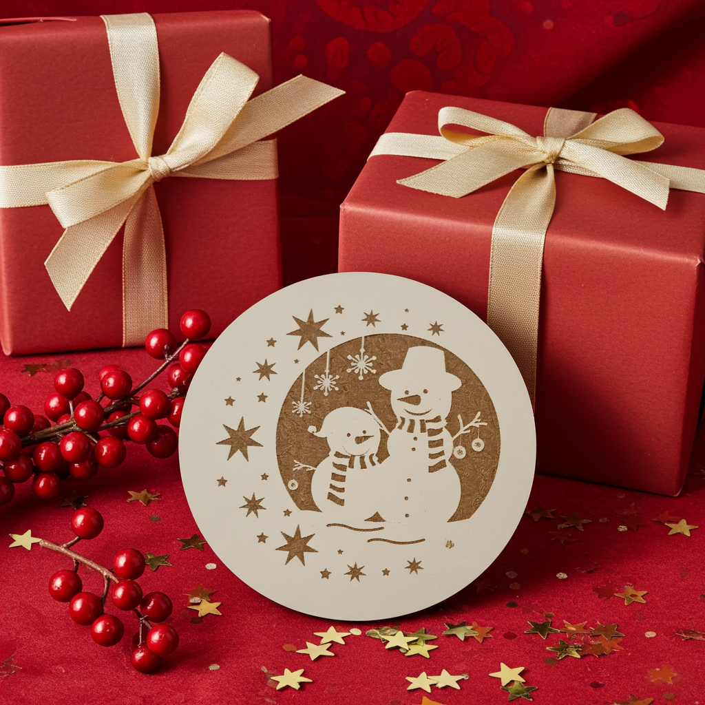 Set of 6, Round White Topped Wood Drink Coasters, Festive Scenes Collection, Bumper Feet.