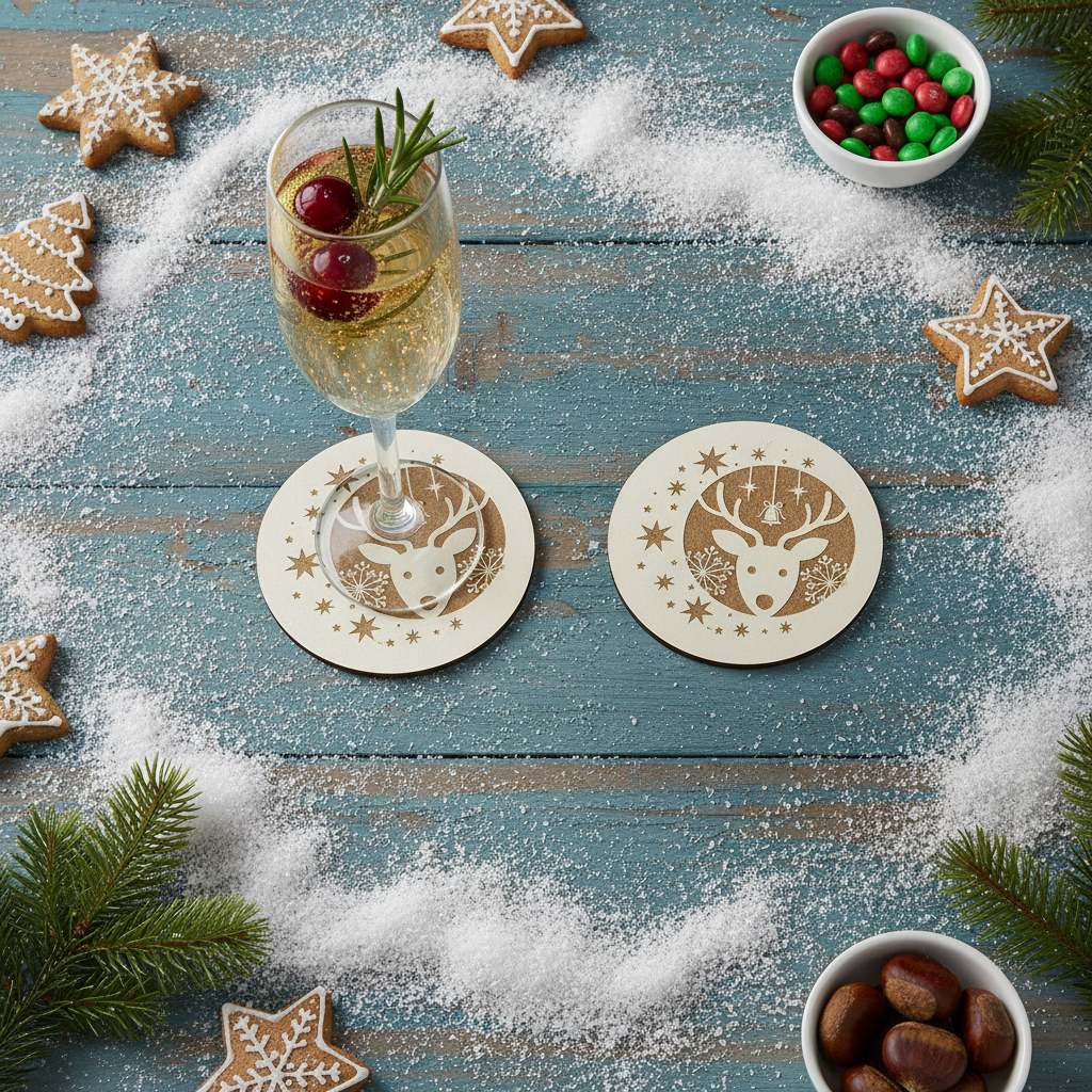 Festive Christmas Wooden Coasters (Set of 6) – 9.5cm White Topped Wood 6 Designs