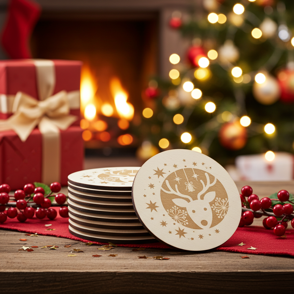 Set of 6, Round White Topped Wood Drink Coasters, Festive Scenes Collection, Bumper Feet.