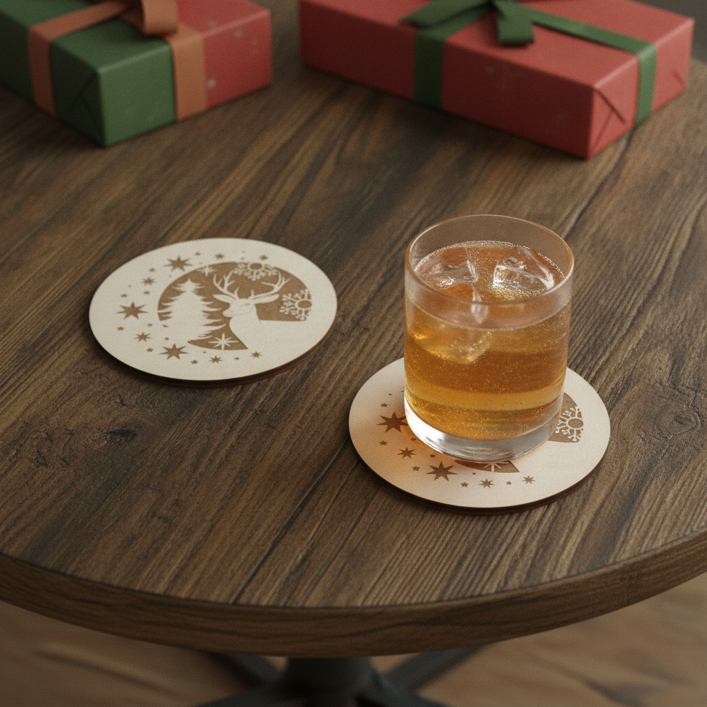 Festive Christmas Wooden Coasters (Set of 6) – 9.5cm White Topped Wood 6 Designs