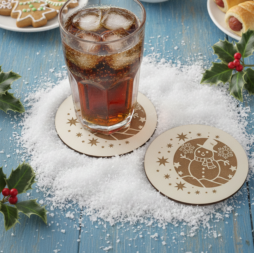 Festive Christmas Wooden Coasters (Set of 6) – 9.5cm White Topped Wood 6 Designs