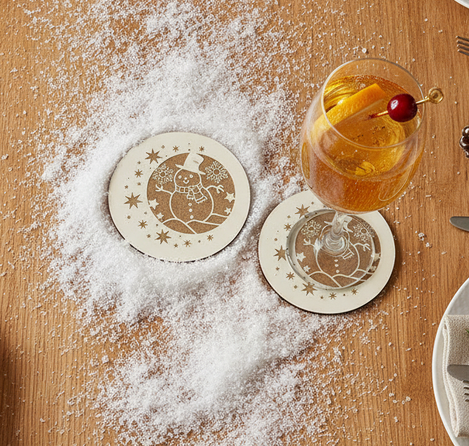 Festive Christmas Wooden Coasters (Set of 6) – 9.5cm White Topped Wood 6 Designs