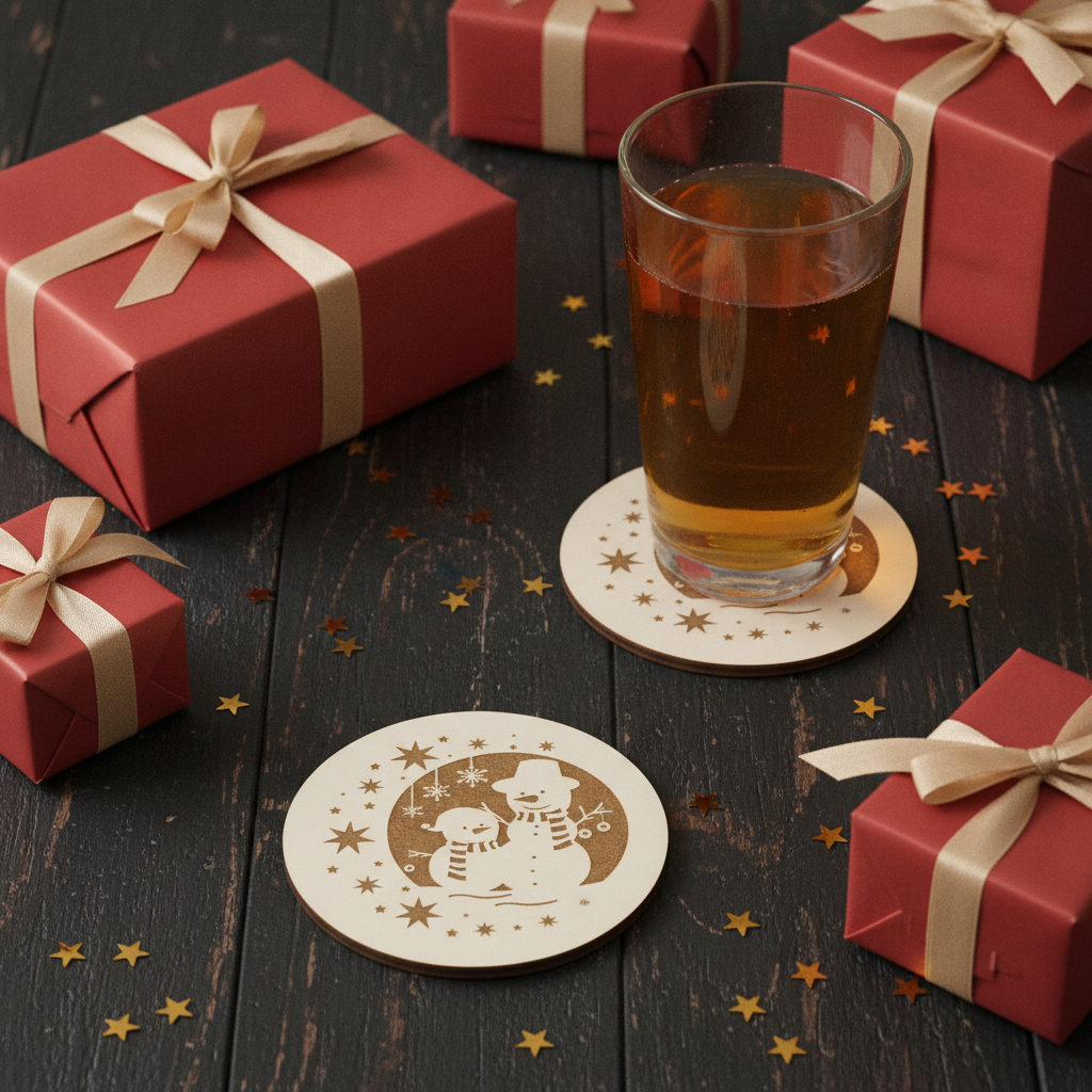 Festive Christmas Wooden Coasters (Set of 6) – 9.5cm White Topped Wood 6 Designs