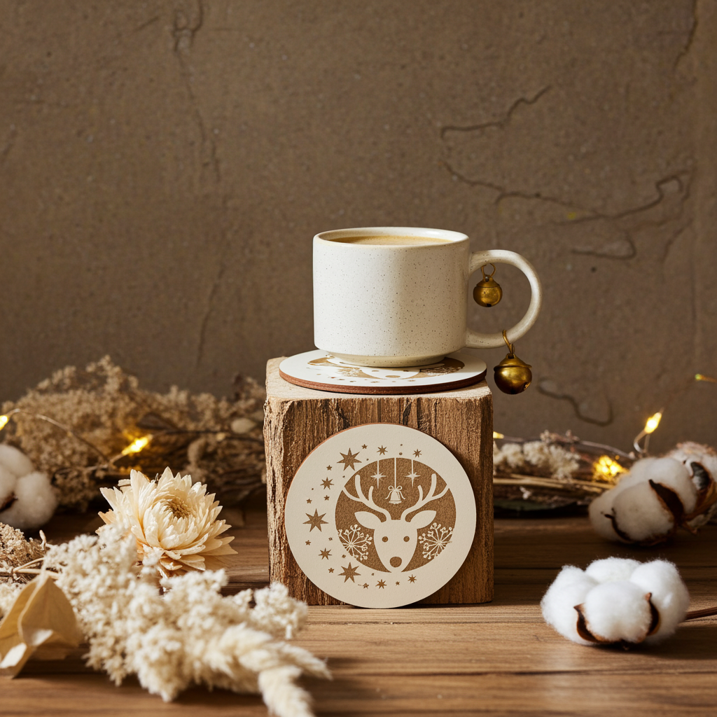 Set of 6, Round White Topped Wood Drink Coasters, Festive Scenes Collection, Bumper Feet.