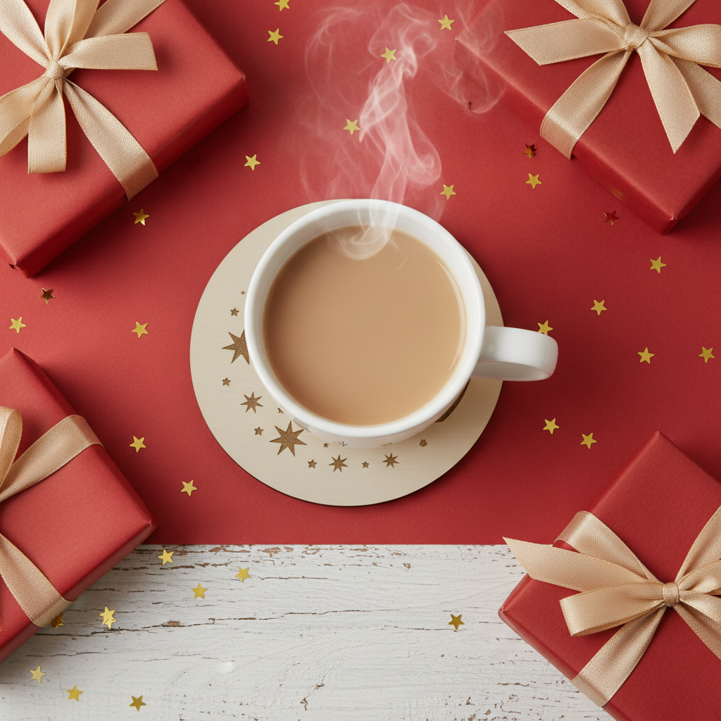 Festive Christmas Wooden Coasters (Set of 6) – 9.5cm White Topped Wood 6 Designs