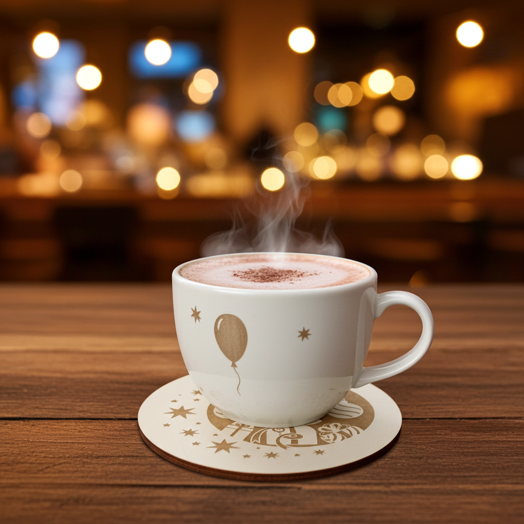 Set of 6, Round White Topped Wood Drink Coasters, Festive Scenes Collection, Bumper Feet.