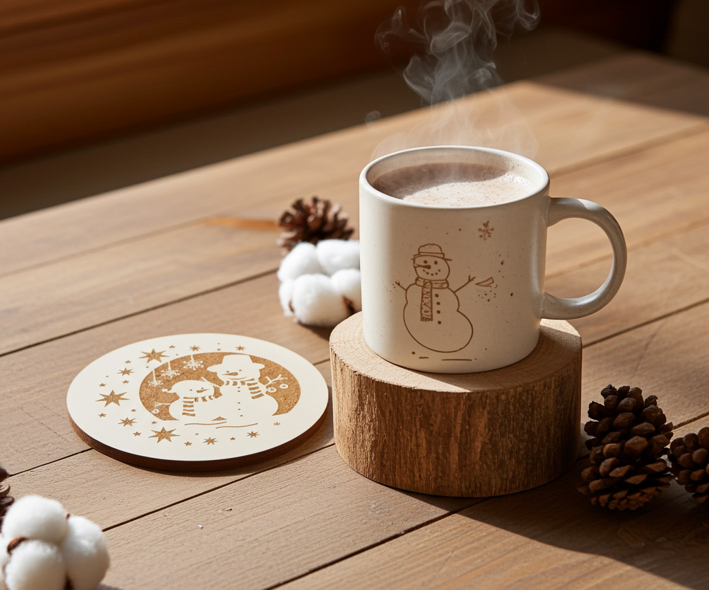Set of 6, Round White Topped Wood Drink Coasters, Festive Scenes Collection, Bumper Feet.