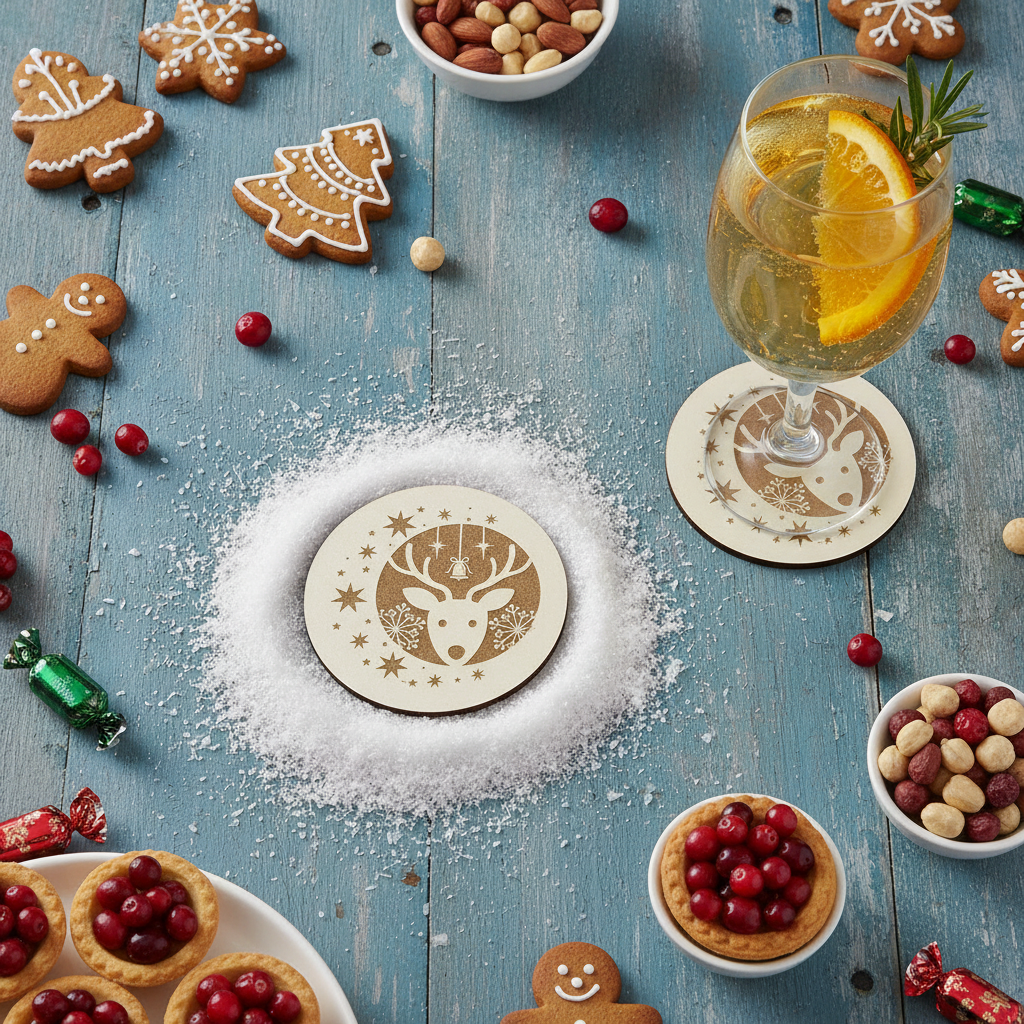 Festive Christmas Wooden Coasters (Set of 6) – 9.5cm White Topped Wood 6 Designs