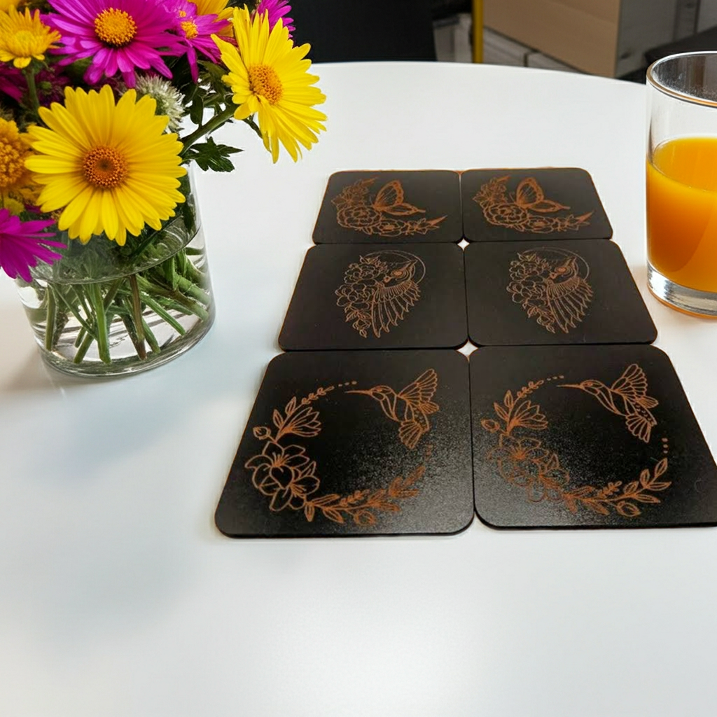 Set of 6, Square Wooden Coasters. Floral and Wings Collection. (3 Designs), with bumper feet.