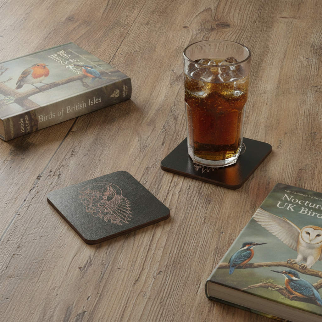 Set of 6, Engraved Black Wood Coasters, Floral & Wings Wooden Coasters 9.5cm, Fluid-Resistant Drinks Coasters with Bumper Feet.