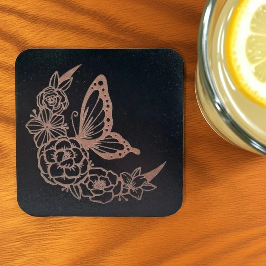 Set of 6, Square Wooden Coasters. Floral and Wings Collection. (3 Designs), with bumper feet.