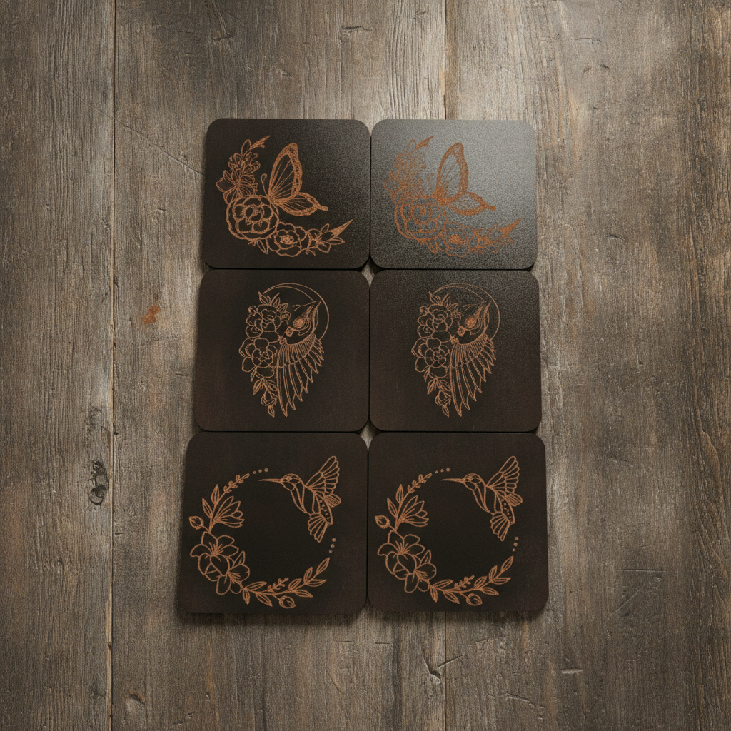 Set of 6, Engraved Black Wood Coasters, Floral & Wings Wooden Coasters 9.5cm, Fluid-Resistant Drinks Coasters with Bumper Feet.