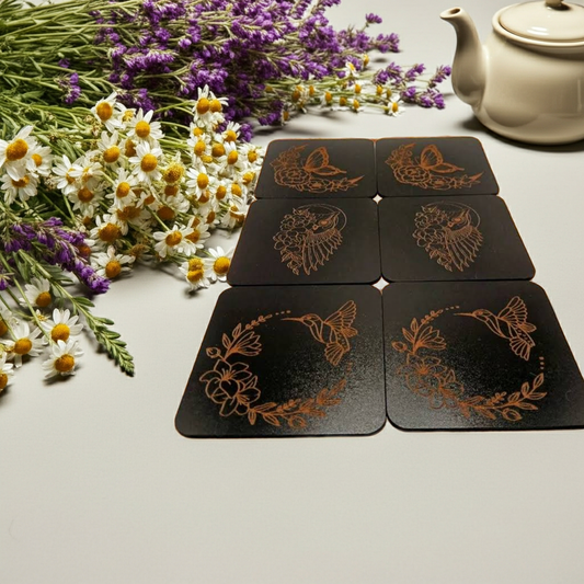 Set of 6, Square Wooden Coasters. Floral and Wings Collection. (3 Designs), with bumper feet.
