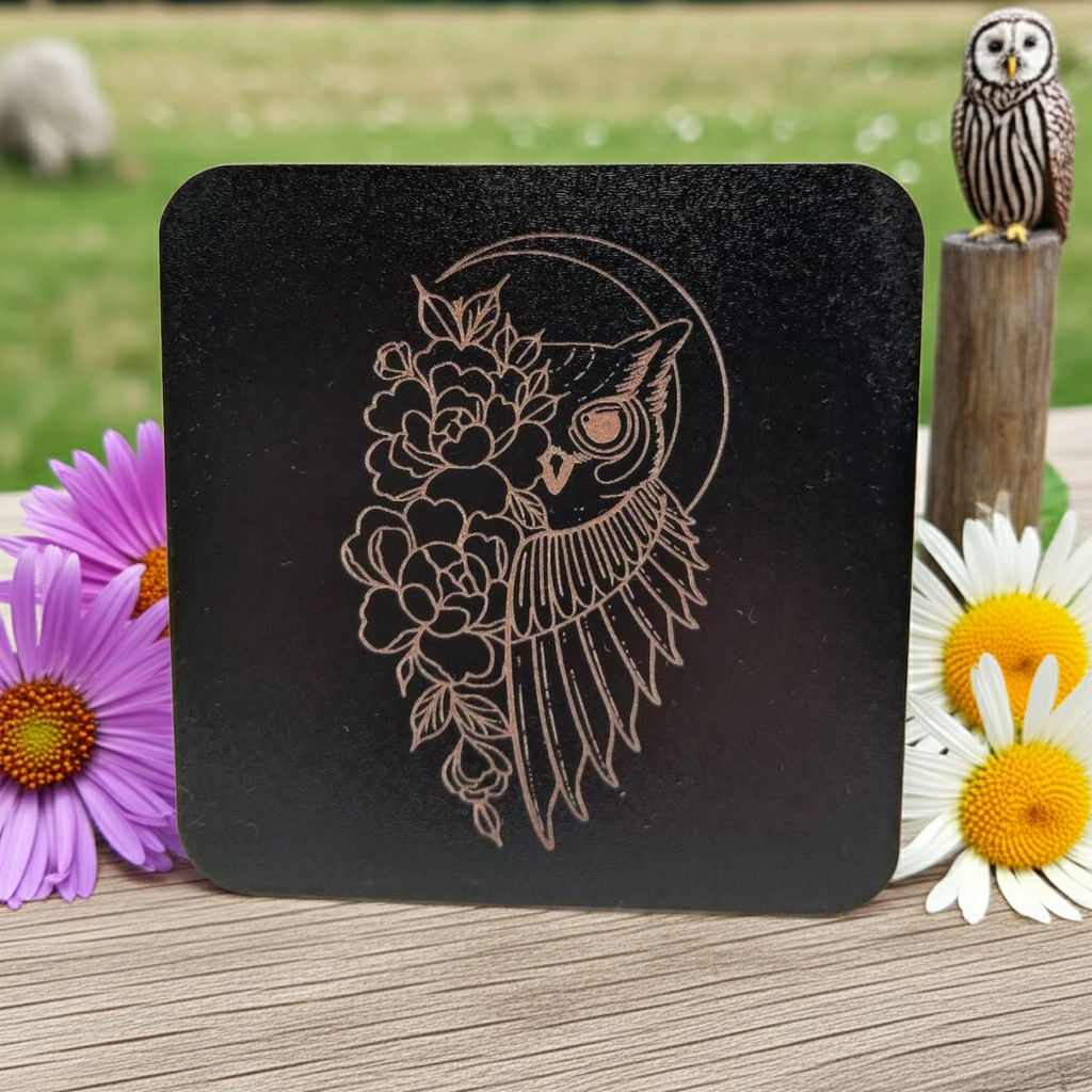Set of 6, Square Wooden Coasters. Floral and Wings Collection. (3 Designs), with bumper feet.
