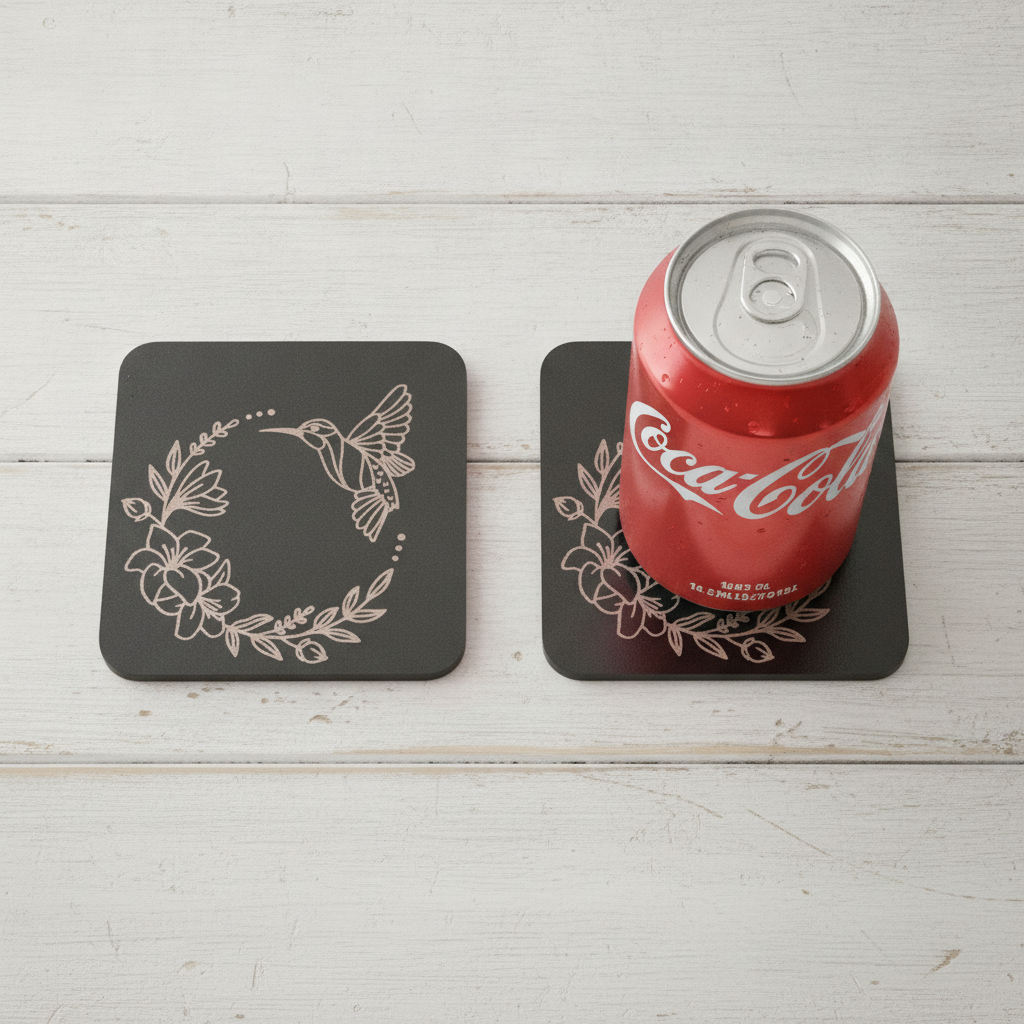 Set of 6, Engraved Black Wood Coasters, Floral & Wings Wooden Coasters 9.5cm, Fluid-Resistant Drinks Coasters with Bumper Feet.